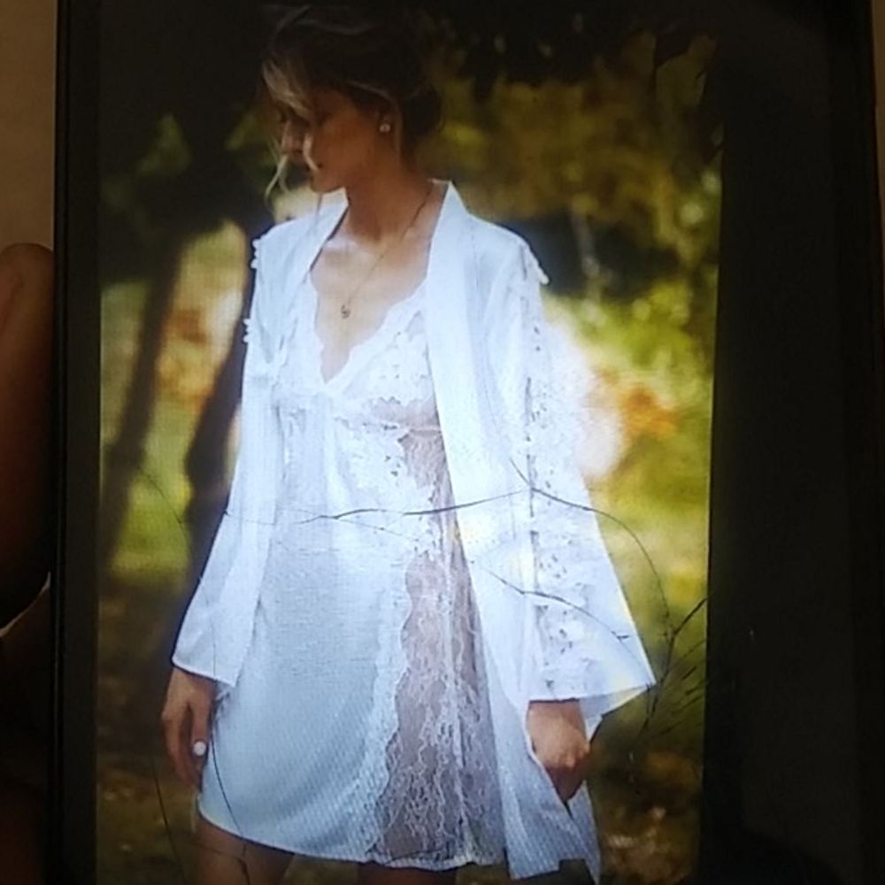 2-pc white lace insert gown and robe